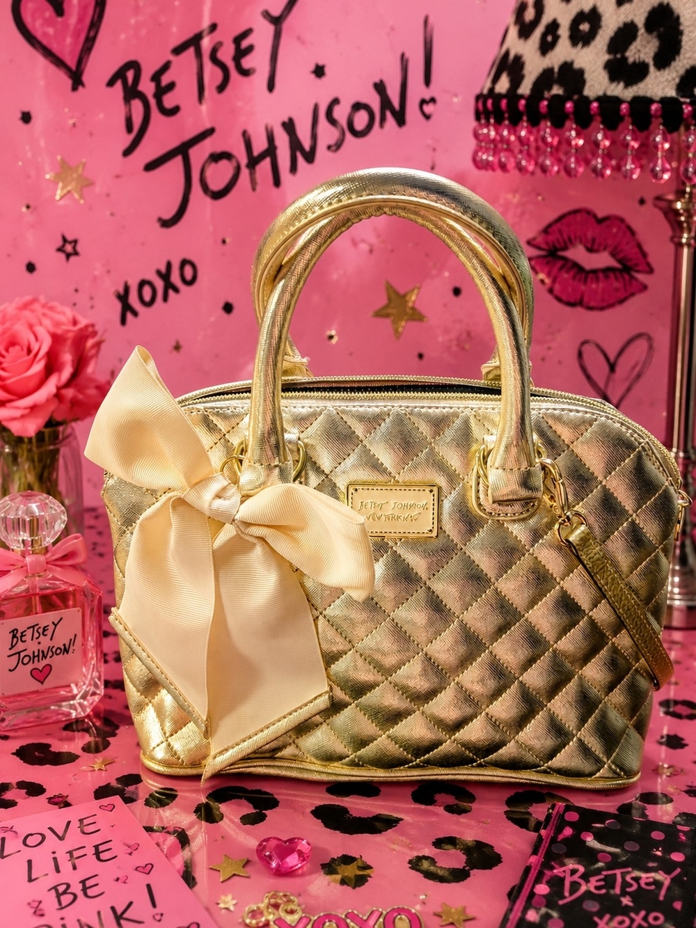 Betsey Johnson Metallic Gold Quilted Satchel with Satin Bow